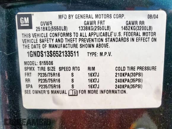 2005 Chevrolet TrailBlazer LT с VIN 1GNDS13S652133511, выставлен на аукционе Copart как лот 85477745 с пробегом 336 768 миль миль и Списание • Salvage title. История ставок и продаж доступна на DreamBid. Изображение 13.