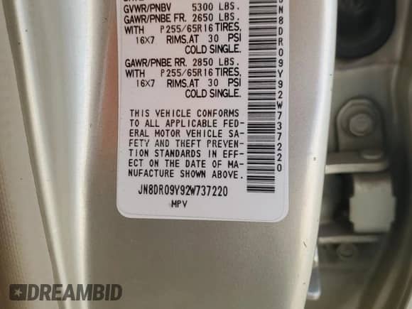 2002 Nissan Pathfinder SE with VIN JN8DR09Y92W737220, listed as a Copart auction lot 67274635 with 180,316 mi miles and Salvage title. Bid and sale history available at DreamBid. Image 13.