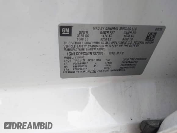 2016 Chevrolet Tahoe Commercial z VIN 1GNLCDECXGR137331, wystawiony jako IAAI lot #41874861 z przebiegiem 167 768 mil mil oraz . Historia ofert i sprzedaży dostępna na DreamBid. Obrazek 9.