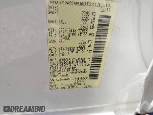 2015 Nissan Murano SL with VIN 5N1AZ2MH6FN214407, listed as a IAAI auction lot 42727278 with 147,534 mi miles and . Bid and sale history available at DreamBid. Image 9.