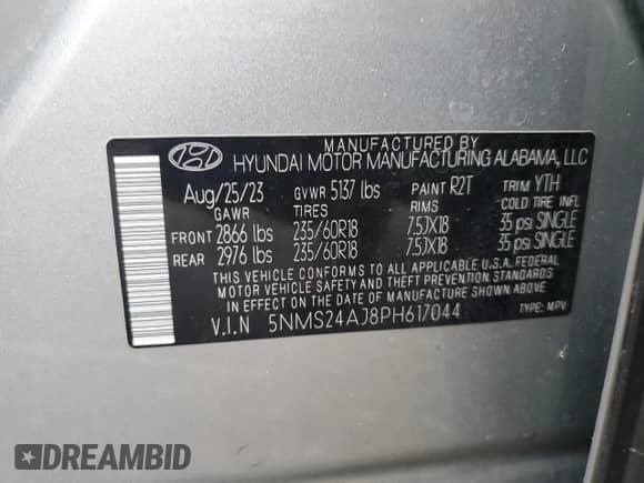 2023 Hyundai Santa Fe SEL z VIN 5NMS24AJ8PH617044, wystawiony jako Copart lot #86225685 z przebiegiem 53 606 mil mil oraz Nie do naprawy • Non repairable. Historia ofert i sprzedaży dostępna na DreamBid. Obrazek 14.