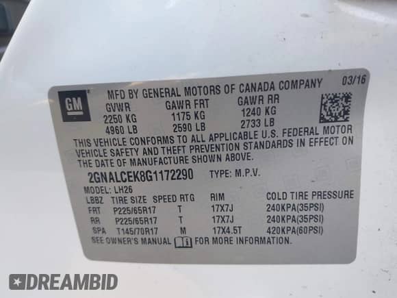 2016 Chevrolet Equinox LT z VIN 2GNALCEK8G1172290, wystawiony jako IAAI lot #42892728 z przebiegiem 102 609 mil mil oraz . Historia ofert i sprzedaży dostępna na DreamBid. Obrazek 9.