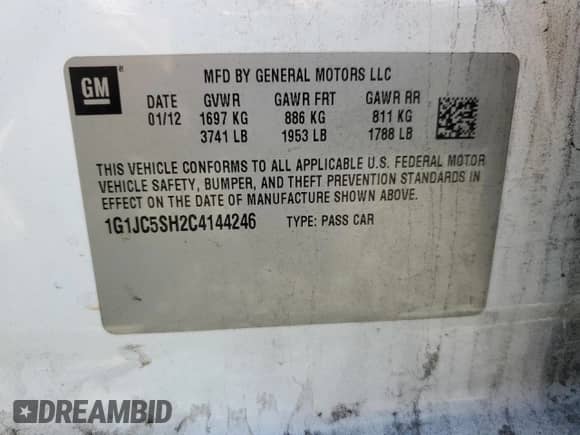 2012 Chevrolet Sonic LT с VIN 1G1JC5SH2C4144246, выставлен на аукционе Copart как лот 69415075 с пробегом 153 251 миль миль и Чистый • Clean title. История ставок и продаж доступна на DreamBid. Изображение 12.