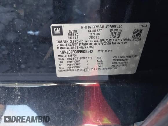 2015 Chevrolet Tahoe Commercial с VIN 1GNLC2EC8FR533843, выставлен на аукционе IAAI как лот 41599931 с пробегом Не указан миль и . История ставок и продаж доступна на DreamBid. Изображение 9.