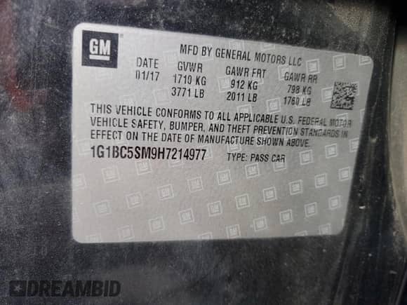 2017 Chevrolet Cruze LS z VIN 1G1BC5SM9H7214977, wystawiony jako Copart lot #82224505 z przebiegiem 80 992 mil mil oraz Szkoda całkowita • Salvage title. Historia ofert i sprzedaży dostępna na DreamBid. Obrazek 13.