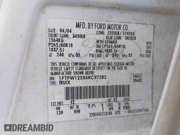 2004 Ford F-150 XLT with VIN 1FTPW125X4KC97283, listed as a IAAI auction lot 43038747 with 243,410 mi miles and . Bid and sale history available at DreamBid. Image 9.