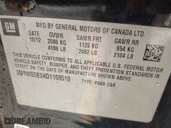 2013 Chevrolet Impala LT with VIN 2G1WG5E34D1168510, listed as a IAAI auction lot 43497300 with 247,741 mi miles and . Bid and sale history available at DreamBid. Image 9.