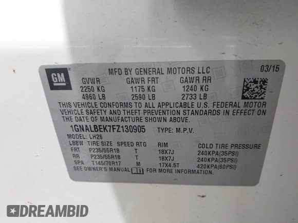 2015 Chevrolet Equinox LT z VIN 1GNALBEK7FZ130905, wystawiony jako IAAI lot #42976832 z przebiegiem 194 573 mil mil oraz . Historia ofert i sprzedaży dostępna na DreamBid. Obrazek 9.