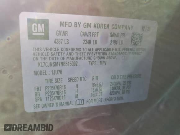 2022 Chevrolet Trax LS z VIN KL7CJNSM7NB515092, wystawiony jako Copart lot #80752925 z przebiegiem 40 150 mil mil oraz Nie do naprawy • Non repairable. Historia ofert i sprzedaży dostępna na DreamBid. Obrazek 14.