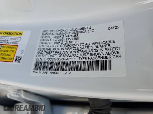 2022 Honda Accord Sport с VIN 1HGCV1F35NA049719, выставлен на аукционе Copart как лот 80875265 с пробегом 21 824 миль миль и Списание • Salvage title. История ставок и продаж доступна на DreamBid. Изображение 13.