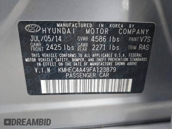2015 Hyundai Sonata Limited with VIN KMHEC4A49FA123879, listed as a IAAI auction lot 41918894 with Not provided miles and . Bid and sale history available at DreamBid. Image 9.