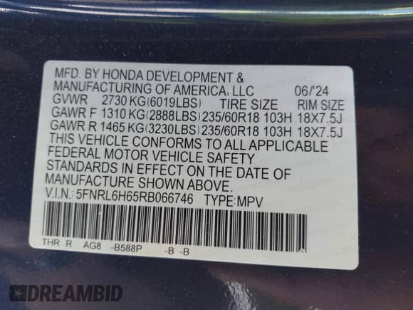 2024 Honda Odyssey EX-L с VIN 5FNRL6H65RB066746, выставлен на аукционе IAAI как лот 42538446 с пробегом 10 727 миль миль и . История ставок и продаж доступна на DreamBid. Изображение 9.