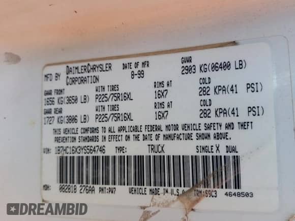 2000 Dodge 1500 Work Special с VIN 1B7HC16X3YS564746, выставлен на аукционе Copart как лот 67871674 с пробегом Не указан миль и Списание • Salvage title. История ставок и продаж доступна на DreamBid. Изображение 15.