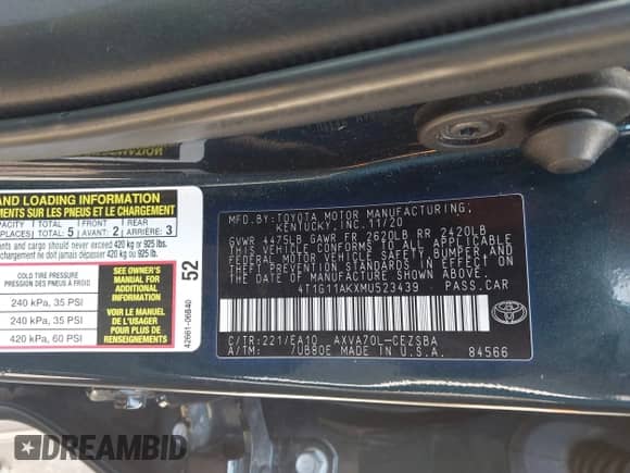 2021 Toyota Camry SE Nightshade z VIN 4T1G11AKXMU523439, wystawiony jako IAAI lot #43122074 z przebiegiem 66 261 mil mil oraz . Historia ofert i sprzedaży dostępna na DreamBid. Obrazek 9.