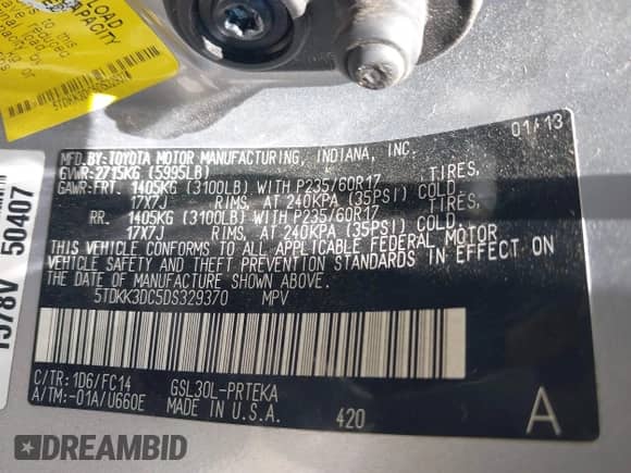 2013 Toyota Sienna LE AAS with VIN 5TDKK3DC5DS329370, listed as a IAAI auction lot 42820198 with 224,816 mi miles and . Bid and sale history available at DreamBid. Image 9.