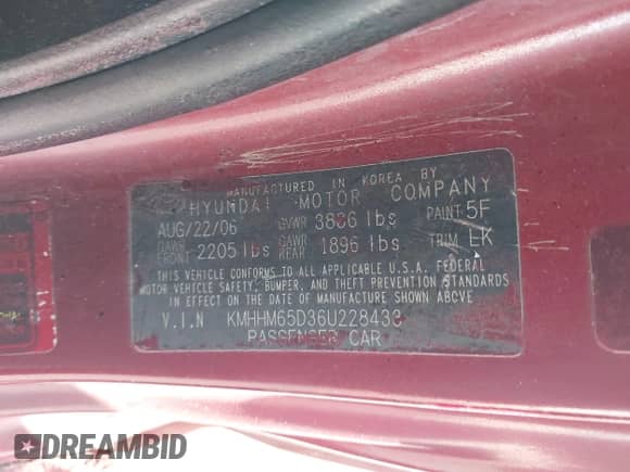 2006 Hyundai Tiburon GS с VIN KMHHM65D36U228433, выставлен на аукционе IAAI как лот 43438865 с пробегом 231 782 миль миль и . История ставок и продаж доступна на DreamBid. Изображение 9.