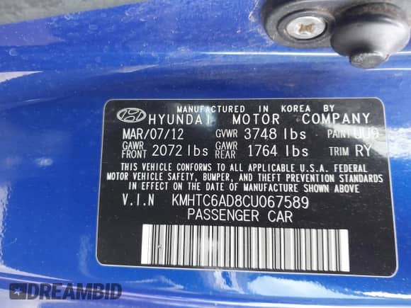 2012 Hyundai Veloster w/Black Int с VIN KMHTC6AD8CU067589, выставлен на аукционе IAAI как лот 43408833 с пробегом 159 802 миль миль и . История ставок и продаж доступна на DreamBid. Изображение 9.