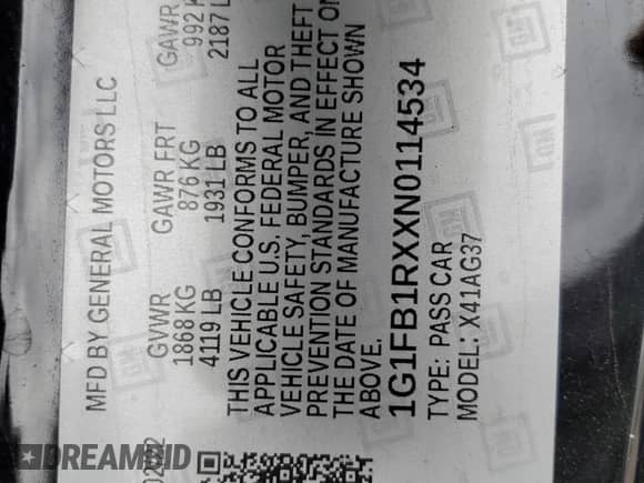 2022 Chevrolet Camaro 1LT z VIN 1G1FB1RXXN0114534, wystawiony jako Copart lot #70693095 z przebiegiem 42 052 mil mil oraz Szkoda całkowita • Salvage title. Historia ofert i sprzedaży dostępna na DreamBid. Obrazek 12.