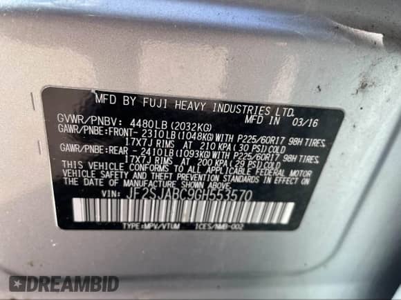 2016 Subaru Forester 2.5i with VIN JF2SJABC9GH553570, listed as a IAAI auction lot 43427311 with 173,021 mi miles and . Bid and sale history available at DreamBid. Image 9.