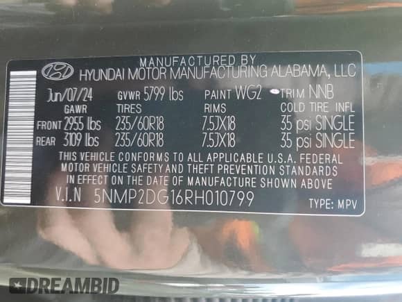 2024 Hyundai Santa Fe SEL с VIN 5NMP2DG16RH010799, выставлен на аукционе Copart как лот 74345584 с пробегом 954 миль миль и Списание • Salvage title. История ставок и продаж доступна на DreamBid. Изображение 13.