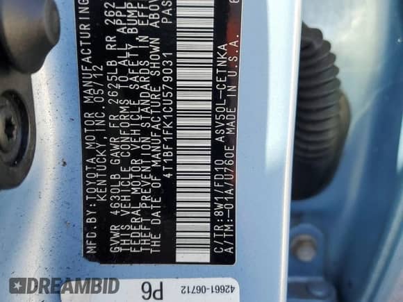 2012 Toyota Camry L z VIN 4T1BF1FK1CU579031, wystawiony jako Copart lot #82531385 z przebiegiem 166 290 mil mil oraz Szkoda całkowita • Salvage title. Historia ofert i sprzedaży dostępna na DreamBid. Obrazek 12.