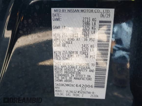 2019 Nissan Pathfinder SV with VIN 5N1DR2MM2KC642006, listed as a IAAI auction lot 42301997 with 95,716 mi miles and . Bid and sale history available at DreamBid. Image 9.