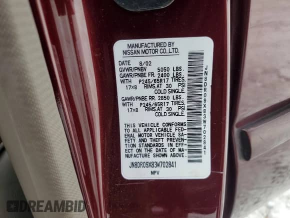 2003 Nissan Pathfinder LE z VIN JN8DR09X83W702841, wystawiony jako Copart lot #85921595 z przebiegiem 284 457 mil mil oraz Szkoda całkowita • Salvage title. Historia ofert i sprzedaży dostępna na DreamBid. Obrazek 12.