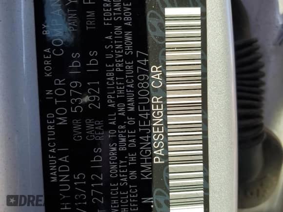 2015 Hyundai Genesis 3.8L с VIN KMHGN4JE4FU089747, выставлен на аукционе Copart как лот 86186805 с пробегом 159 108 миль миль и Списание • Salvage title. История ставок и продаж доступна на DreamBid. Изображение 12.