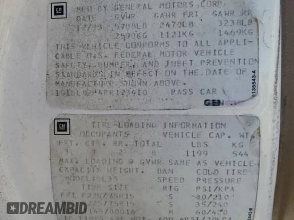 1994 Chevrolet Caprice с VIN 1G1BL82P4RR123410, выставлен на аукционе Copart как лот 81672955 с пробегом 222 769 миль миль и Чистый • Clean title. История ставок и продаж доступна на DreamBid. Изображение 12.