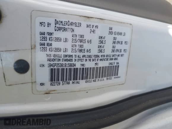 2001 Dodge Caravan SE z VIN 1B4GP25381B158694, wystawiony jako IAAI lot #43439493 z przebiegiem 167 305 mil mil oraz . Historia ofert i sprzedaży dostępna na DreamBid. Obrazek 9.