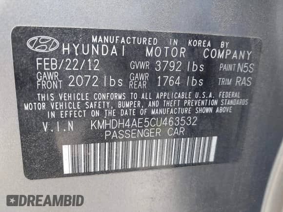 2012 Hyundai Elantra Limited with VIN KMHDH4AE5CU463532, listed as a IAAI auction lot 42835611 with 109,852 mi miles and . Bid and sale history available at DreamBid. Image 9.