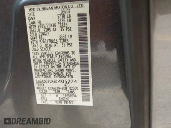 2008 Nissan Frontier SE with VIN 1N6AD07UX8C405274, listed as a IAAI auction lot 43000960 with 207,756 mi miles and . Bid and sale history available at DreamBid. Image 9.