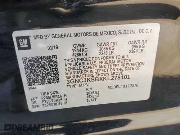 2019 Chevrolet Trax LS с VIN 3GNCJKSBXKL278101, выставлен на аукционе Copart как лот 71946815 с пробегом Не указан миль и Списание • Salvage title. История ставок и продаж доступна на DreamBid. Изображение 14.