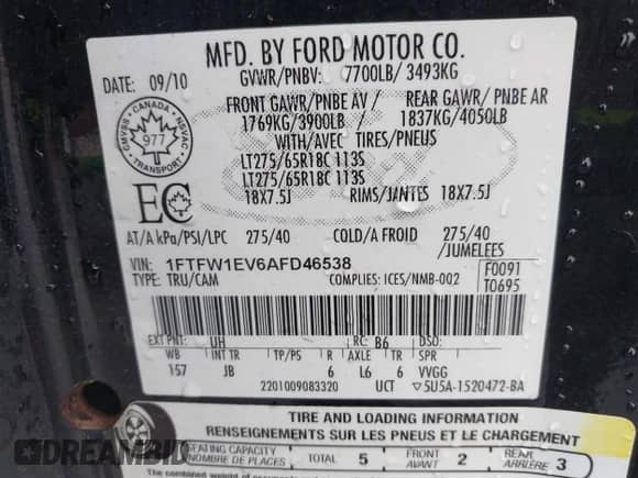 2010 Ford F-150 XL with VIN 1FTFW1EV6AFD46538, listed as a IAAI auction lot 41850019 with 341,279 mi miles and . Bid and sale history available at DreamBid. Image 9.