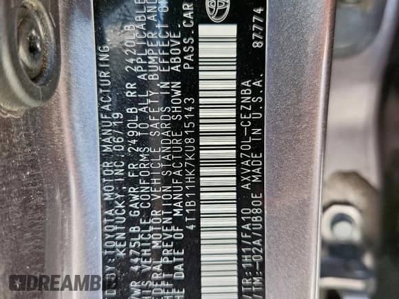 2019 Toyota Camry LE с VIN 4T1B11HK7KU815143, выставлен на аукционе Copart как лот 69475835 с пробегом 122 992 миль миль и Списание • Salvage title. История ставок и продаж доступна на DreamBid. Изображение 12.