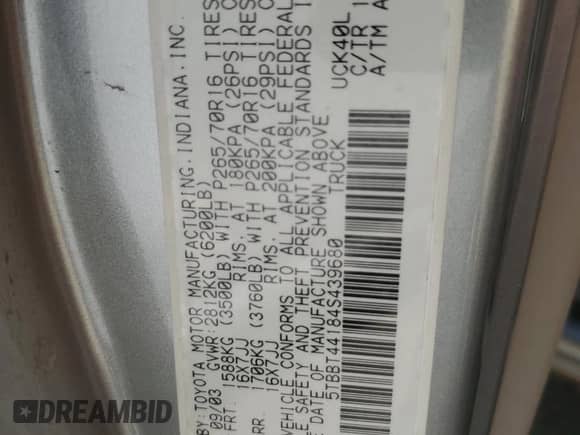 2004 Toyota Tundra SR5 z VIN 5TBBT44184S439680, wystawiony jako Copart lot #69971965 z przebiegiem 219 367 mil mil oraz Czysty tytuł • Clean title. Historia ofert i sprzedaży dostępna na DreamBid. Obrazek 12.