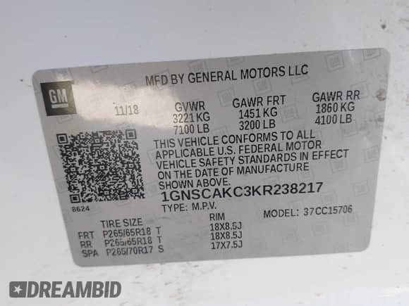 2019 Chevrolet Tahoe LS z VIN 1GNSCAKC3KR238217, wystawiony jako IAAI lot #41382400 z przebiegiem 141 616 mil mil oraz . Historia ofert i sprzedaży dostępna na DreamBid. Obrazek 9.