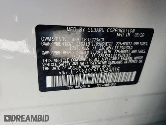 2020 Subaru Forester Premium z VIN JF2SKAGC6LH549816, wystawiony jako Copart lot #86248905 z przebiegiem 14 585 mil mil oraz Szkoda całkowita • Salvage title. Historia ofert i sprzedaży dostępna na DreamBid. Obrazek 13.