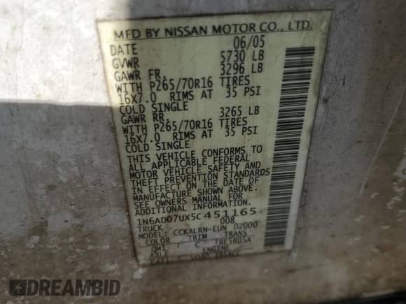 2005 Nissan Frontier SE with VIN 1N6AD07UX5C451165, listed as a Copart auction lot 71163085 with 170,581 mi miles and Clean title. Bid and sale history available at DreamBid. Image 12.