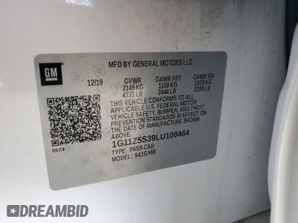 2020 Chevrolet Impala LT с VIN 1G11Z5S39LU109464, выставлен на аукционе Copart как лот 71689535 с пробегом Не указан миль и Списание • Salvage title. История ставок и продаж доступна на DreamBid. Изображение 13.