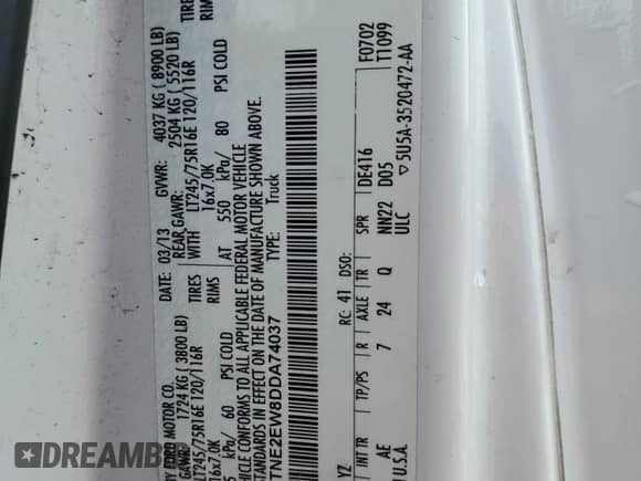2013 Ford Econoline Cargo Commercial with VIN 1FTNE2EW8DDA74037, listed as a Copart auction lot 53726125 with 71,236 mi miles and Salvage title. Bid and sale history available at DreamBid. Image 13.