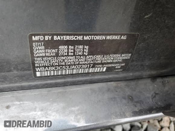 2018 BMW 3 Series 330i xDrive with VIN WBA8K3C53JA023917, listed as a Copart auction lot 72217764 with 28,668 mi miles and Salvage title. Bid and sale history available at DreamBid. Image 14.