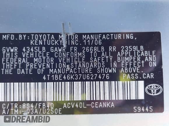 2007 Toyota Camry CE с VIN 4T1BE46K37U627476, выставлен на аукционе IAAI как лот 43474893 с пробегом 245 132 миль миль и . История ставок и продаж доступна на DreamBid. Изображение 9.