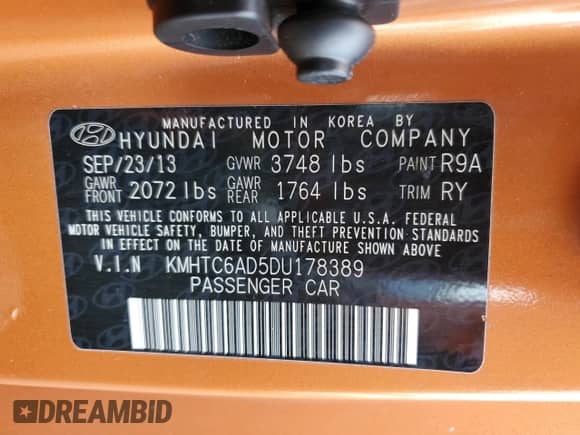 2013 Hyundai Veloster w/Black Int с VIN KMHTC6AD5DU178389, выставлен на аукционе Copart как лот 80652785 с пробегом 150 305 миль миль и Списание • Salvage title. История ставок и продаж доступна на DreamBid. Изображение 12.