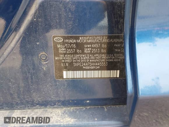 2017 Hyundai Sonata 2.4L with VIN 5NPE24AF5HH445553, listed as a IAAI auction lot 42921899 with 109,470 mi miles and . Bid and sale history available at DreamBid. Image 9.