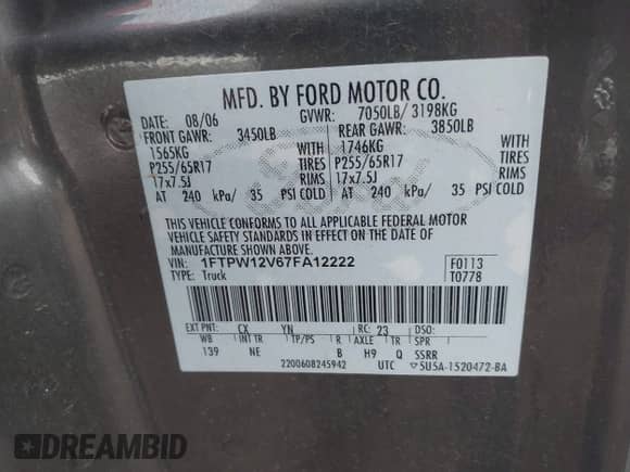 2007 Ford F-150 XLT с VIN 1FTPW12V67FA12222, выставлен на аукционе IAAI как лот 43398047 с пробегом 324 231 миль миль и . История ставок и продаж доступна на DreamBid. Изображение 9.