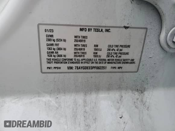 2023 Tesla Model Y Long Range с VIN 7SAYGDEE0PF662251, выставлен на аукционе Copart как лот 81286975 с пробегом Не указан миль и Списание • Salvage title. История ставок и продаж доступна на DreamBid. Изображение 12.