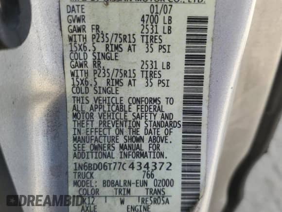 2007 Nissan Frontier XE with VIN 1N6BD06T77C434372, listed as a Copart auction lot 49135115 with 242,312 mi miles and Salvage title. Bid and sale history available at DreamBid. Image 12.