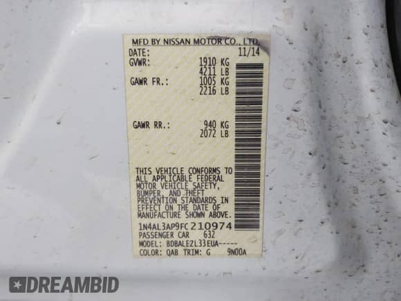 2015 Nissan Altima S z VIN 1N4AL3AP9FC210974, wystawiony jako IAAI lot #43295695 z przebiegiem 261 816 mil mil oraz . Historia ofert i sprzedaży dostępna na DreamBid. Obrazek 9.