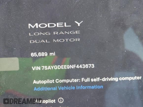 2022 Tesla Model Y Long Range z VIN 7SAYGDEE9NF443673, wystawiony jako IAAI lot #42878246 z przebiegiem 65 689 mil mil oraz . Historia ofert i sprzedaży dostępna na DreamBid. Obrazek 15.